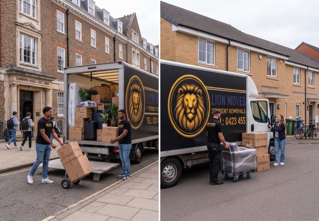 Professional student removals team loading boxes